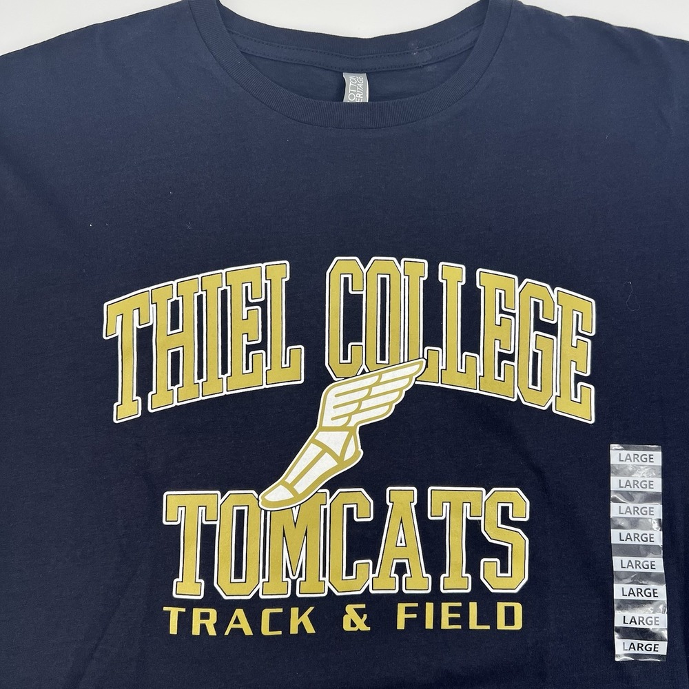 NEW Thiel College Tomcats Track & Field T Shirt Size Large Long Sleeve Blue Gold